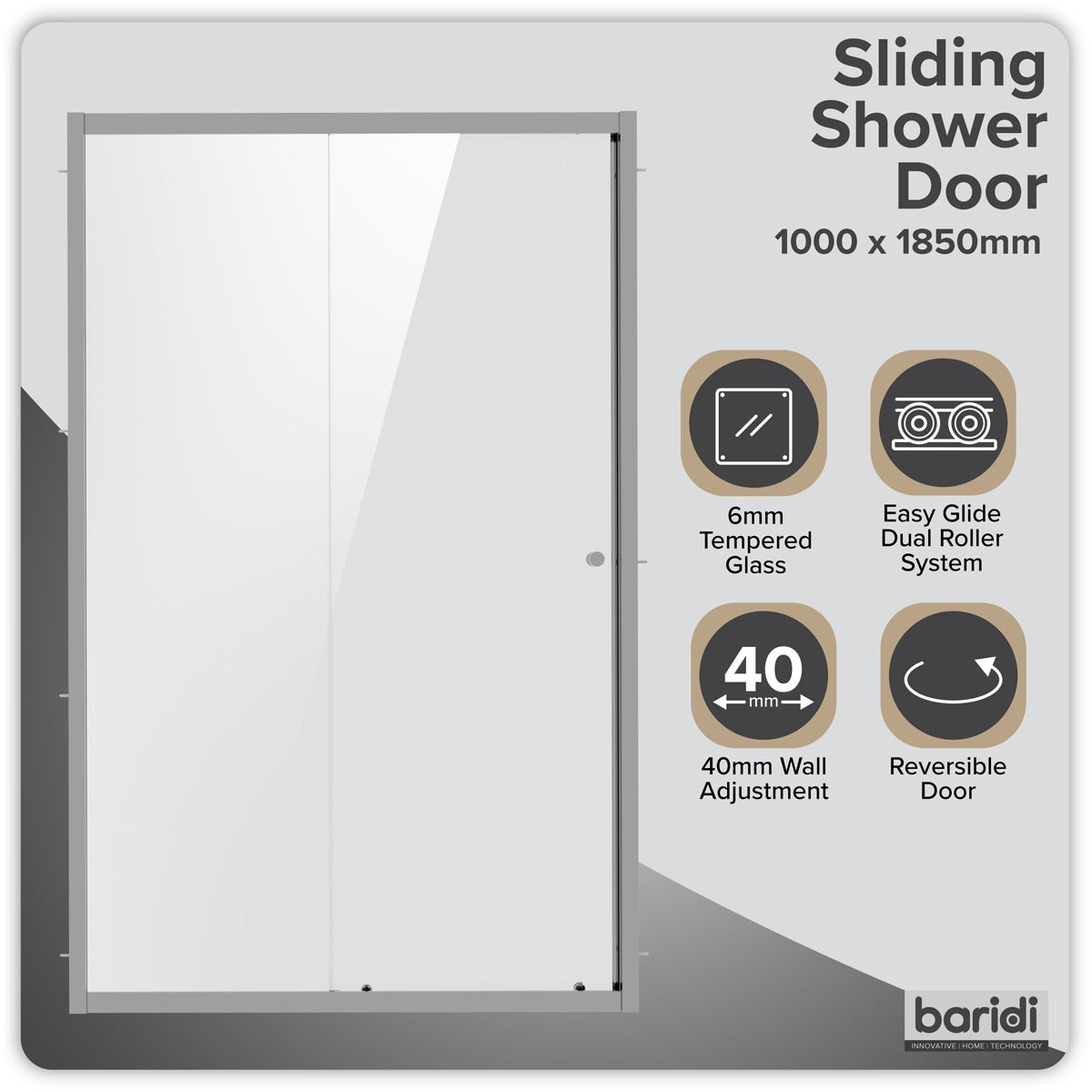 Baridi Sliding Shower Door 1000 x 1850mm, 6mm Tempered Glass, Reversible - Chrome DH292