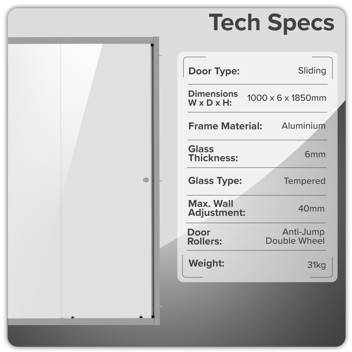 Baridi Sliding Shower Door 1000 x 1850mm, 6mm Tempered Glass, Reversible - Chrome DH292