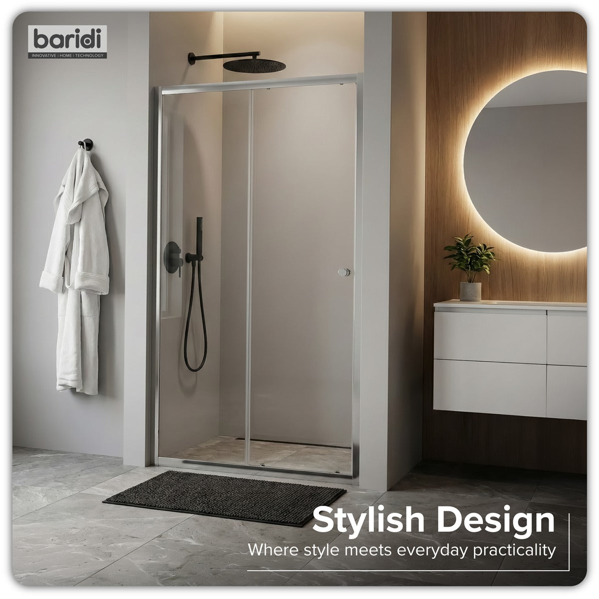 Baridi Sliding Shower Door 1000 x 1850mm, 6mm Tempered Glass, Reversible - Chrome DH292