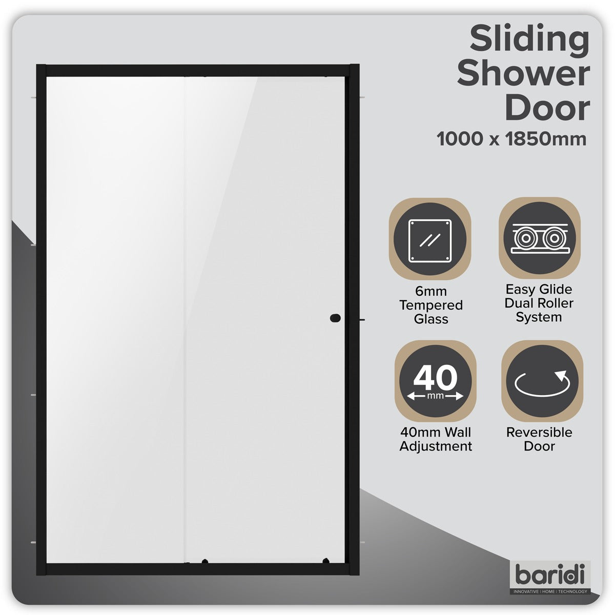 Baridi Sliding Shower Door 1000 x 1850mm, 6mm Tempered Glass, Reversible - Black DH293