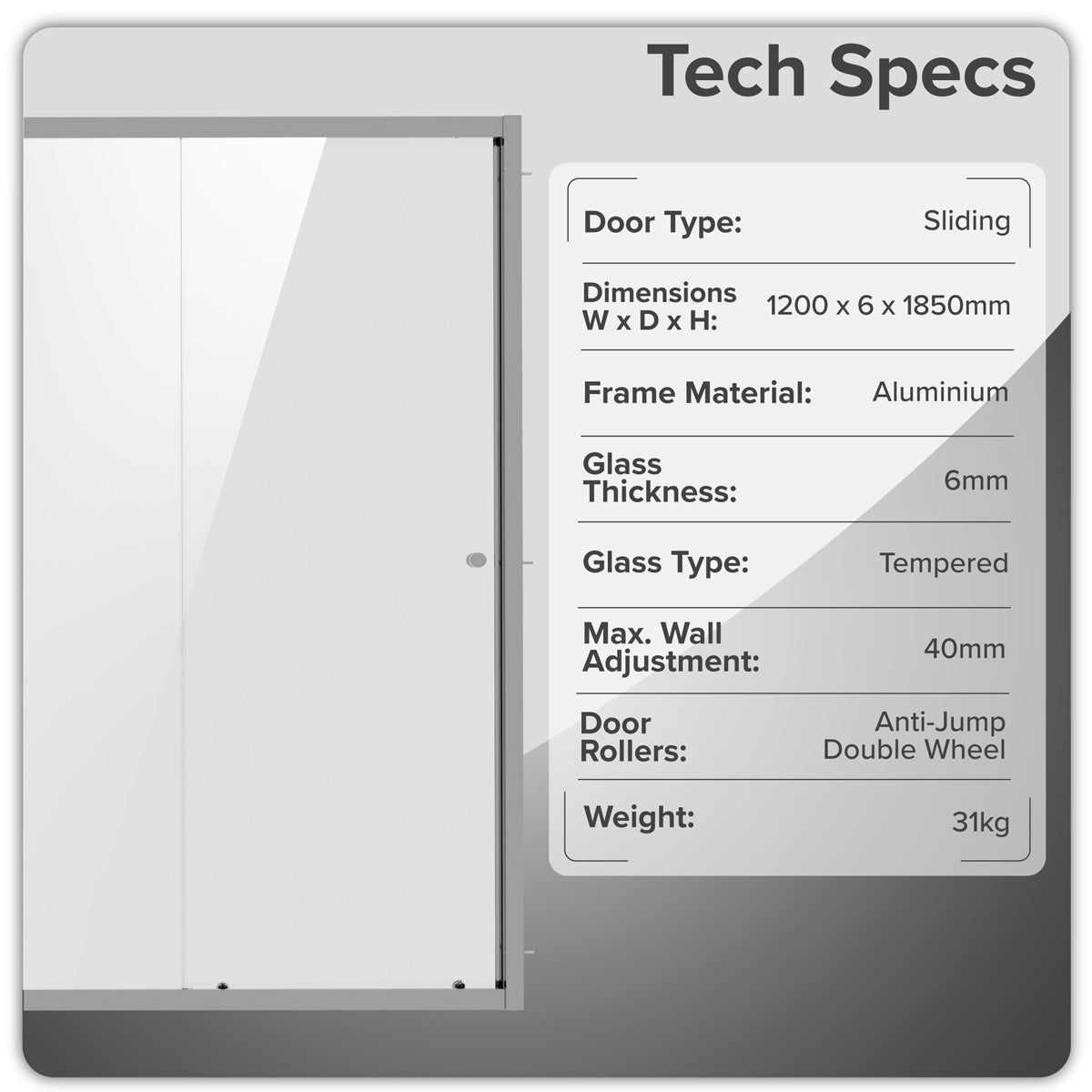 Baridi Sliding Shower Door 1200 x 1850mm, 6mm Tempered Glass, Reversible - Chrome DH294