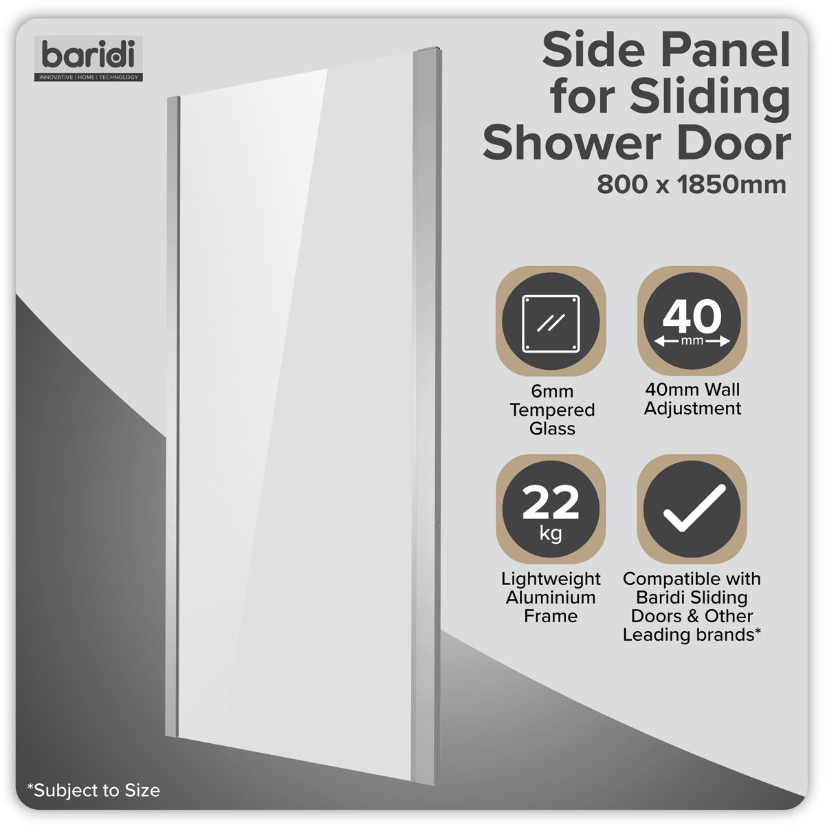 Baridi Side Panel for Sliding Shower Doors, 6mm Tempered Glass - Chrome DH296