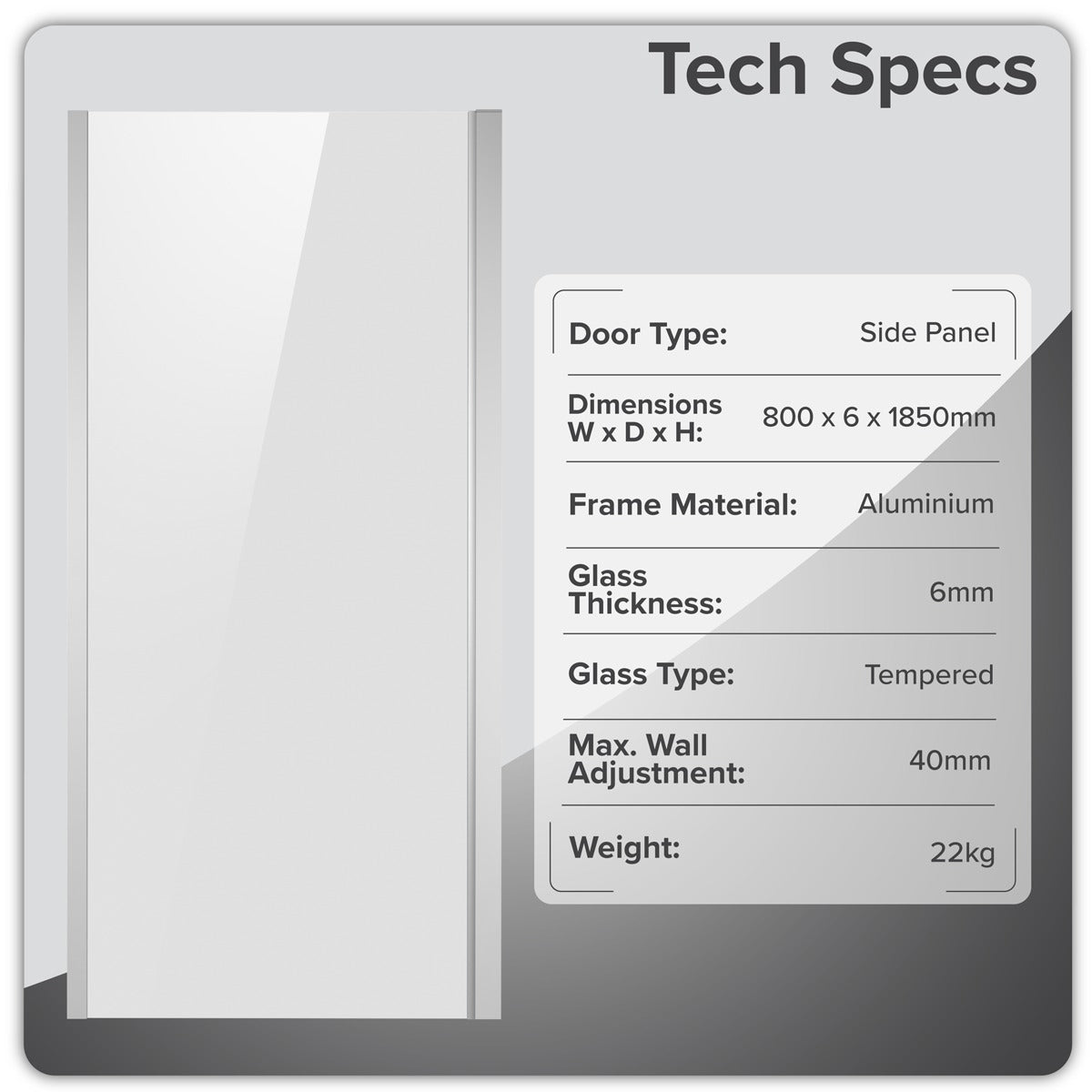 Baridi Side Panel for Sliding Shower Doors, 6mm Tempered Glass - Chrome DH296