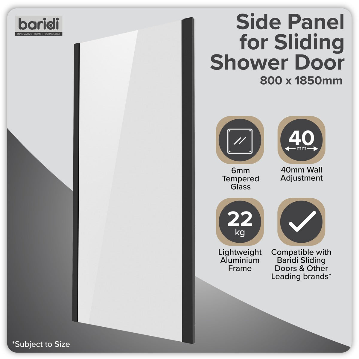 Baridi Side Panel for Sliding Shower Doors, 6mm Tempered Glass - Black DH297