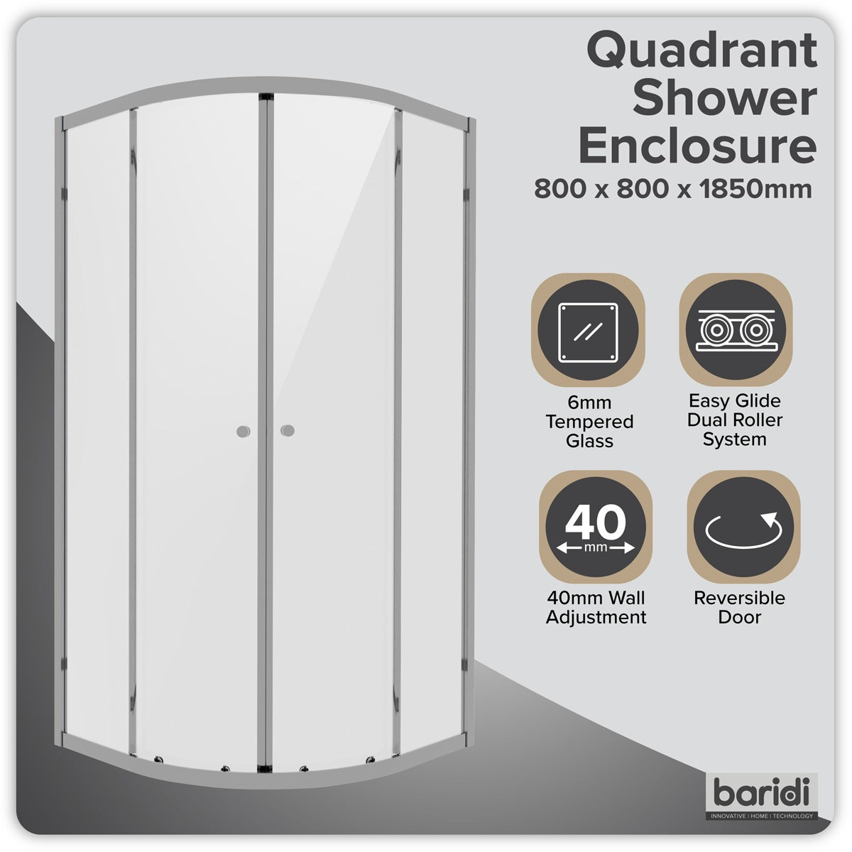Baridi Quadrant Shower Entry Enclosure 800 x 800 x 1850mm with 6mm Tempered Glass - Chrome DH301