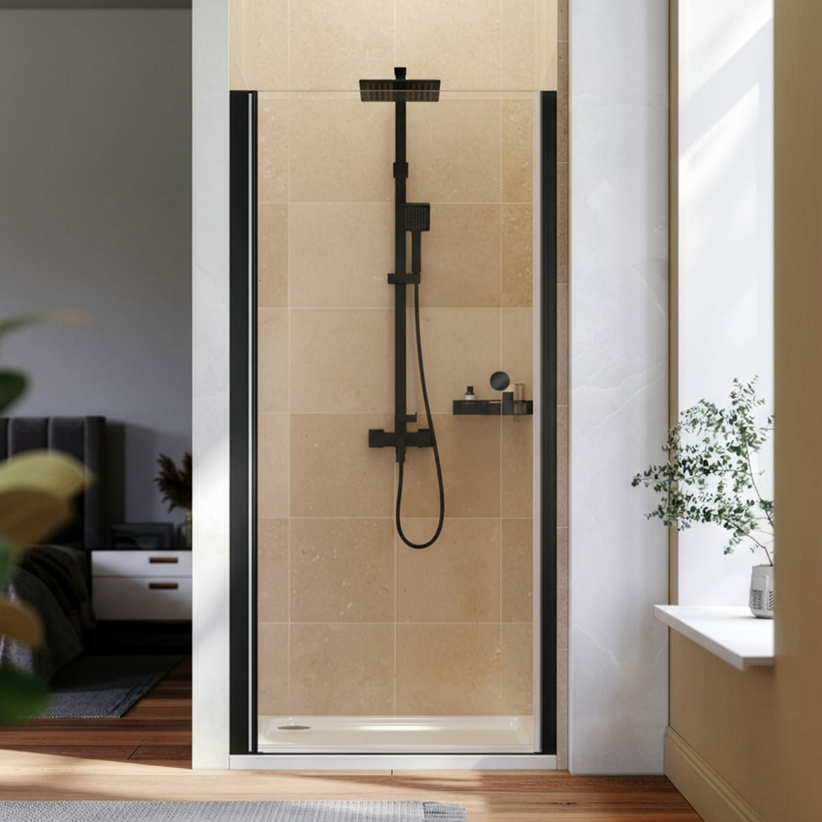 Baridi Pivot Shower Door 800 x 1850mm, 6mm Tempered Glass, Reversible - Black DH304