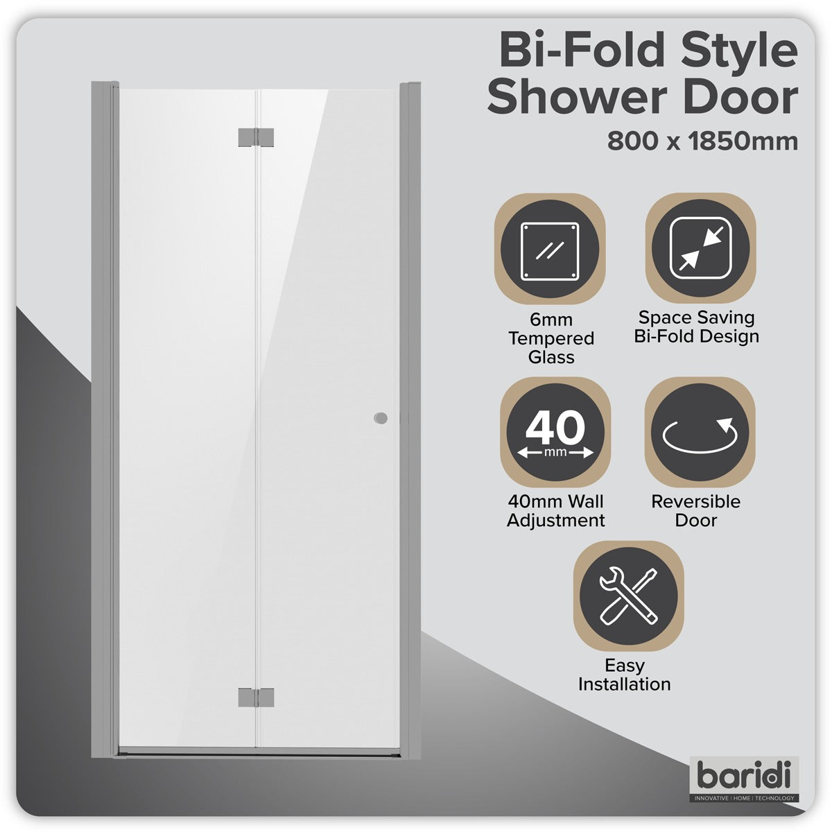 Baridi Bi-Fold Shower Door 800 x 1850mm, 6mm Tempered Glass, Reversible - Chrome DH305