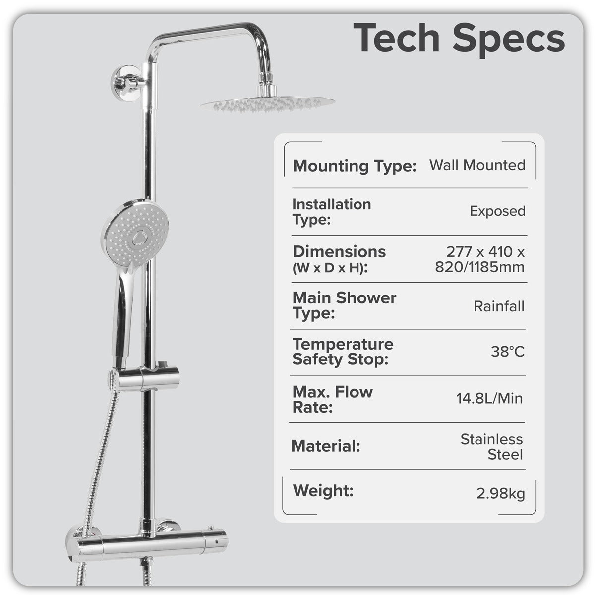 Baridi Thermostatic Shower Mixer Set, 20cm Round Head, Adjustable Rail - Chrome DH314