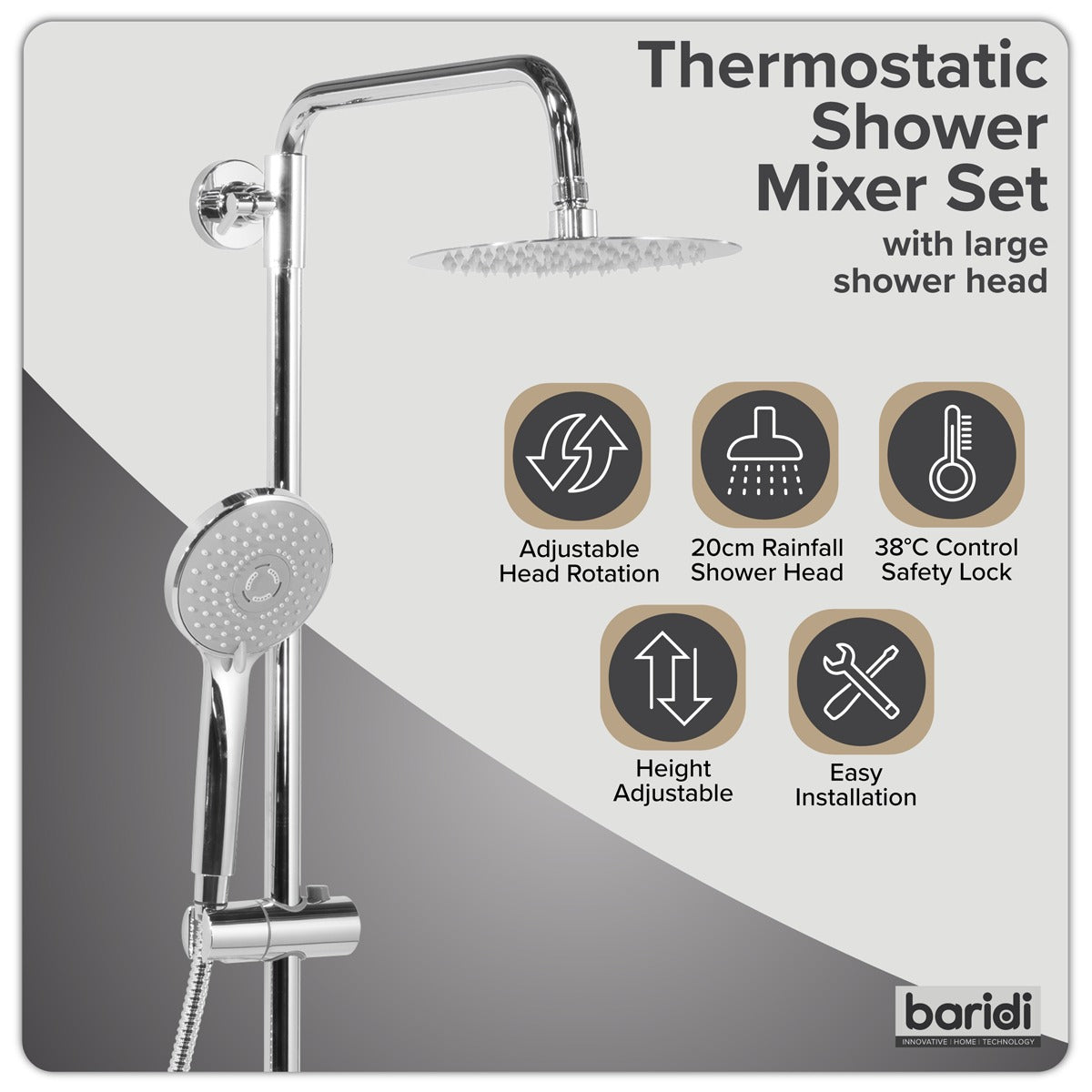Baridi Thermostatic Shower Mixer Set, 20cm Round Head, Adjustable Rail - Chrome DH314