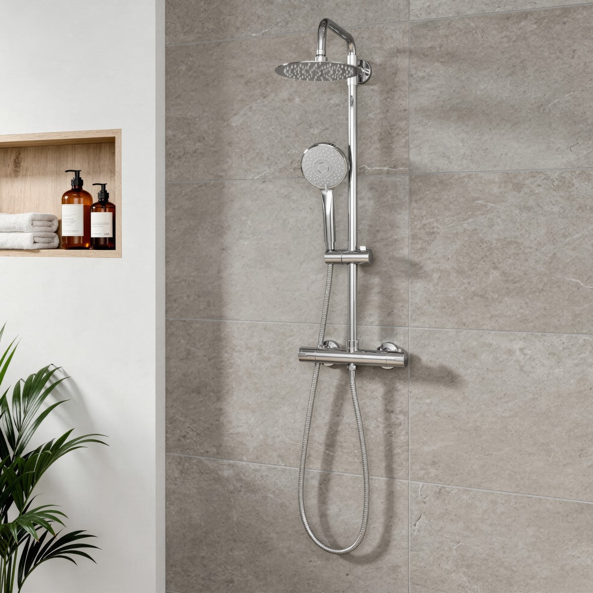 Baridi Thermostatic Shower Mixer Set, 20cm Round Head, Adjustable Rail - Chrome DH314