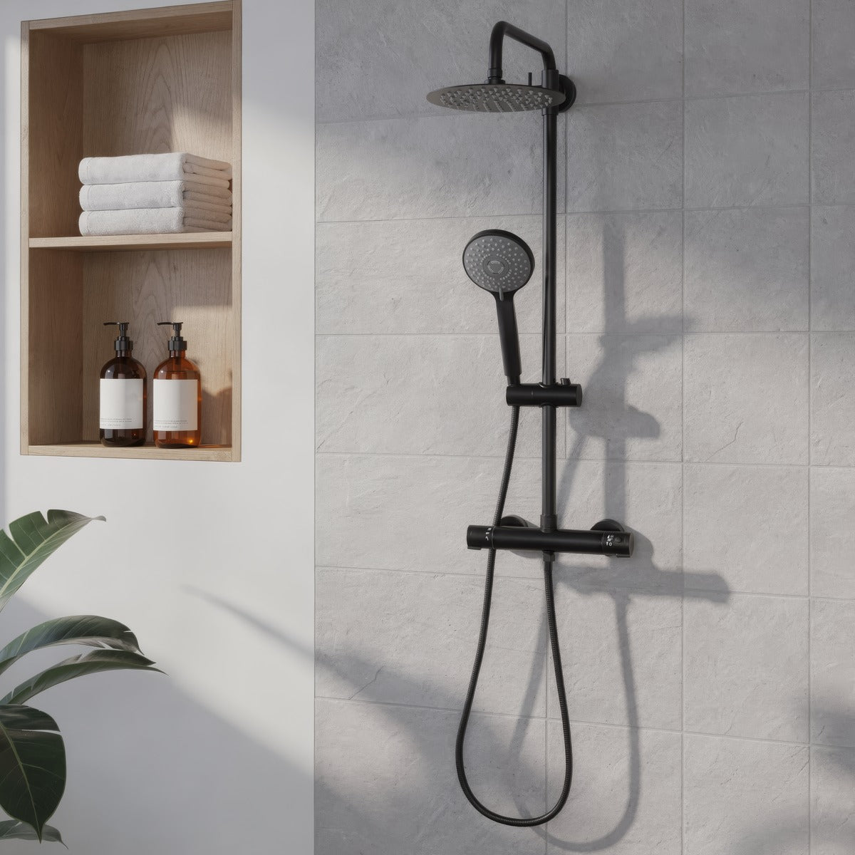 Baridi Thermostatic Shower Mixer Set, 20cm Round Head, Adjustable Rail - Black DH315