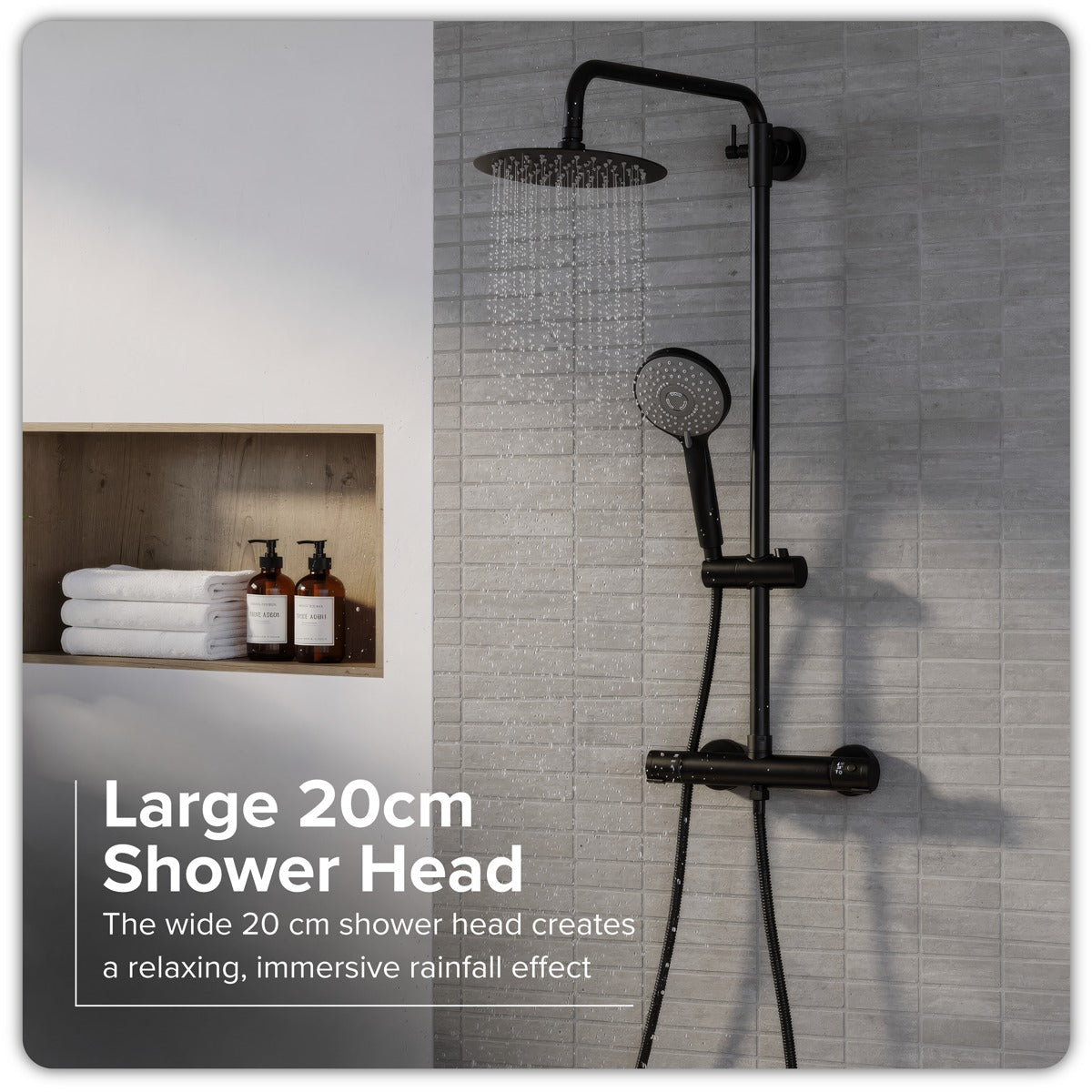 Baridi Thermostatic Shower Mixer Set, 20cm Round Head, Adjustable Rail - Black DH315