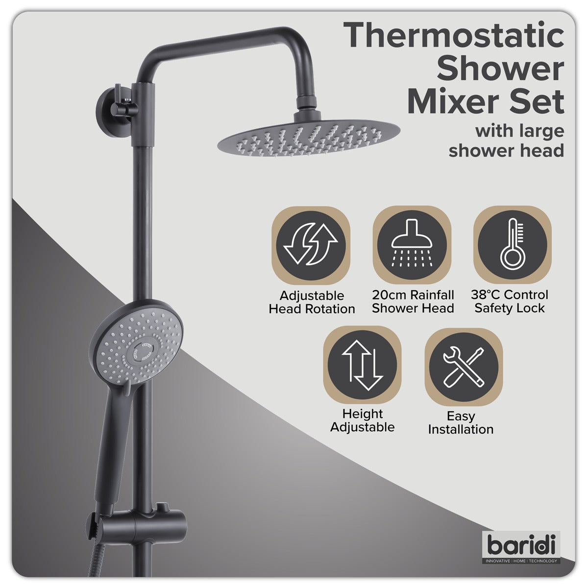 Baridi Thermostatic Shower Mixer Set, 20cm Round Head, Adjustable Rail - Black DH315