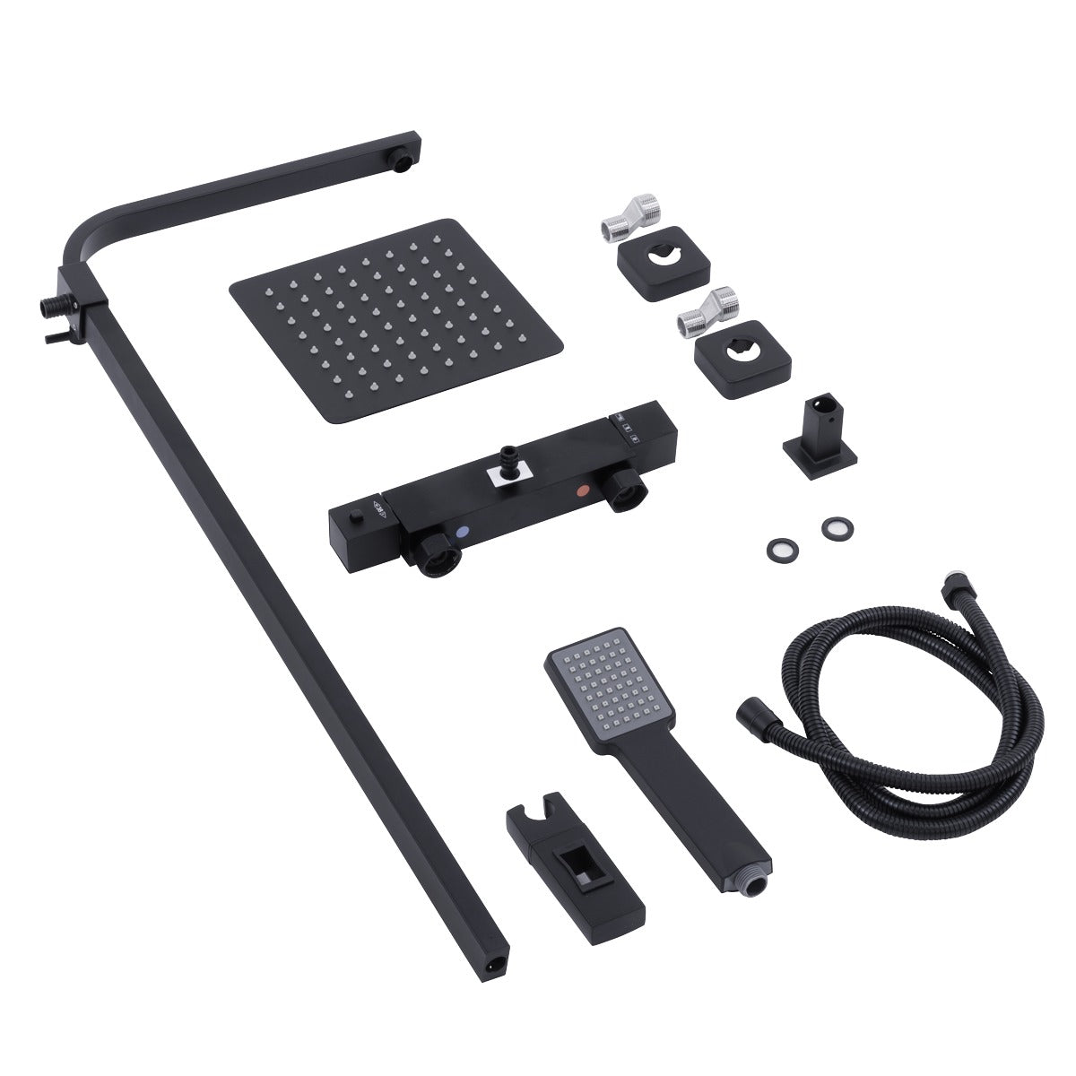 Baridi Thermostatic Shower Mixer Set, 20x20cm Square Head, Adjustable Rail - Black DH317