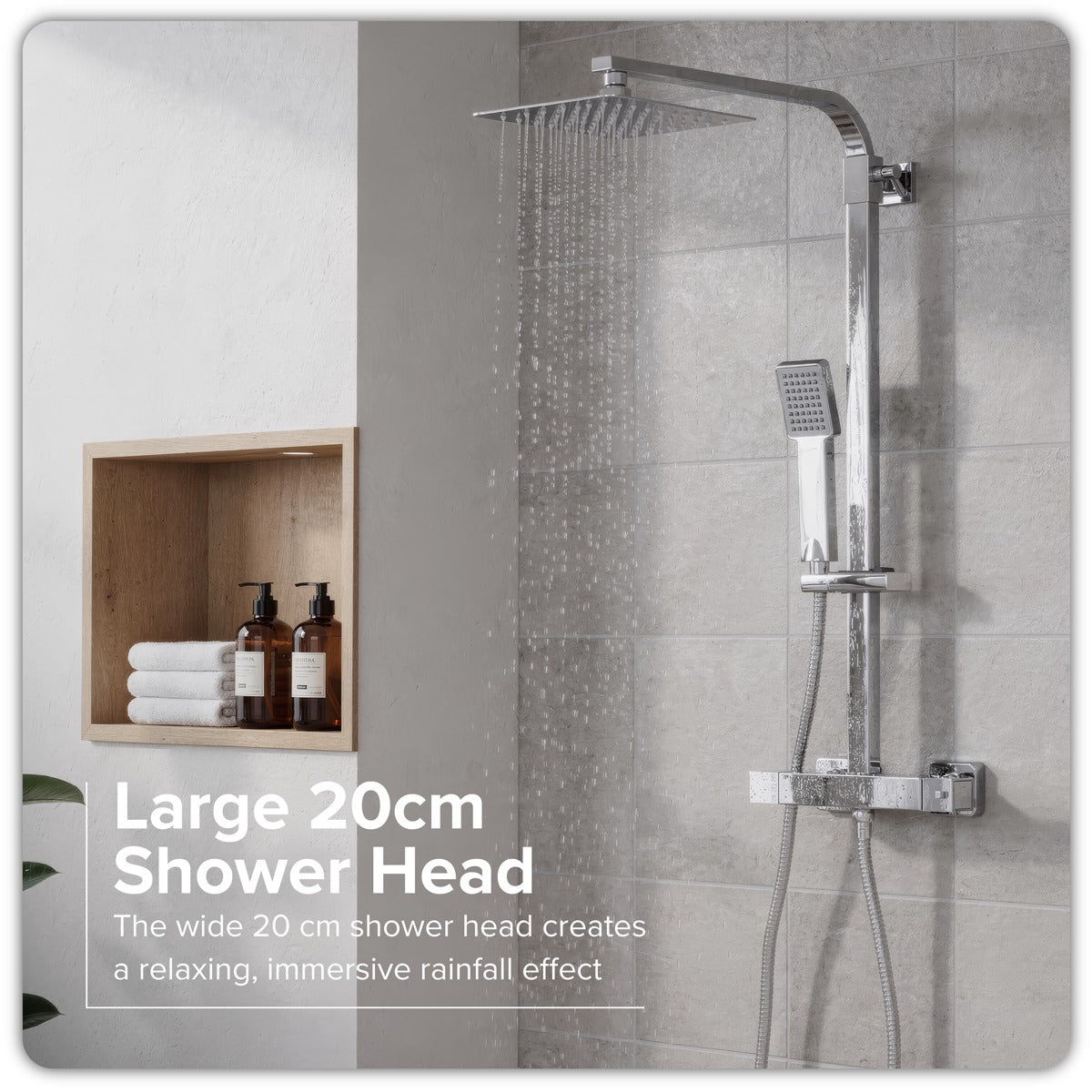 Baridi Thermostatic Shower Mixer Set, 20x20cm Square Head, Adjustable Rail - Black DH317