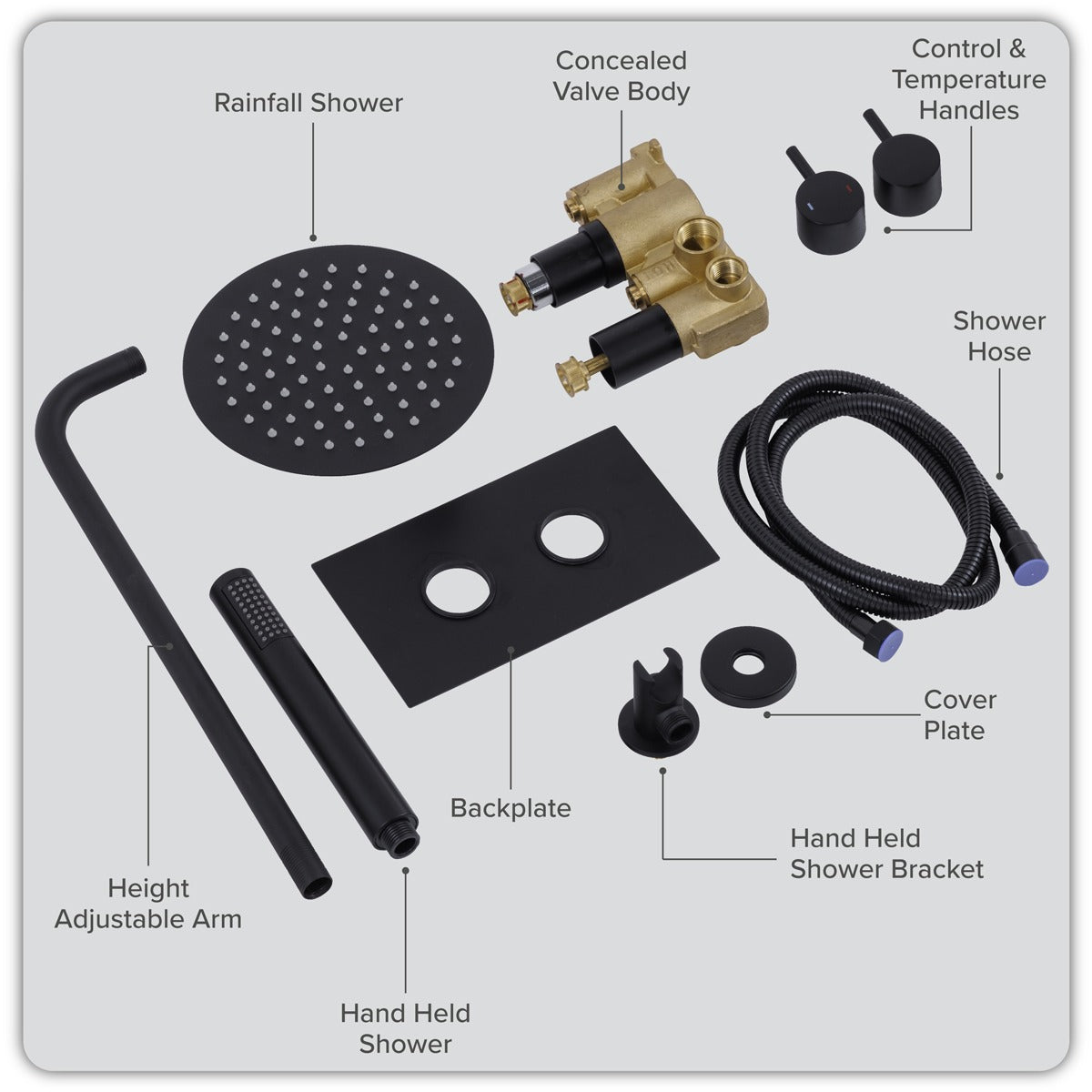Baridi Concealed Thermostatic Shower Set, 20cm Round Head & Hand Shower - Black DH319