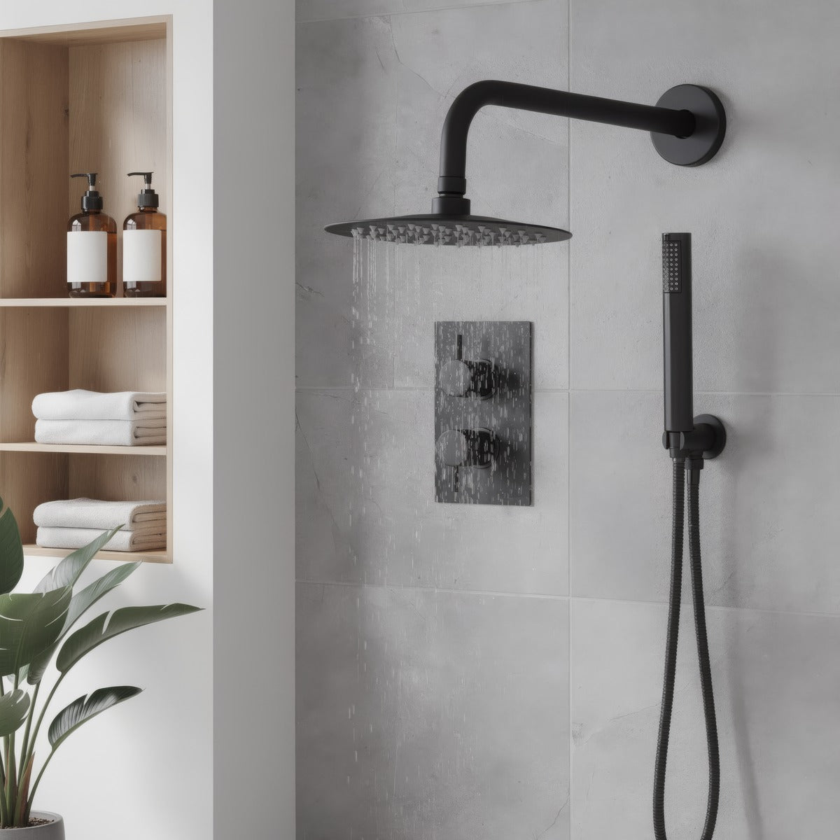 Baridi Concealed Thermostatic Shower Set, 20cm Round Head & Hand Shower - Black DH319