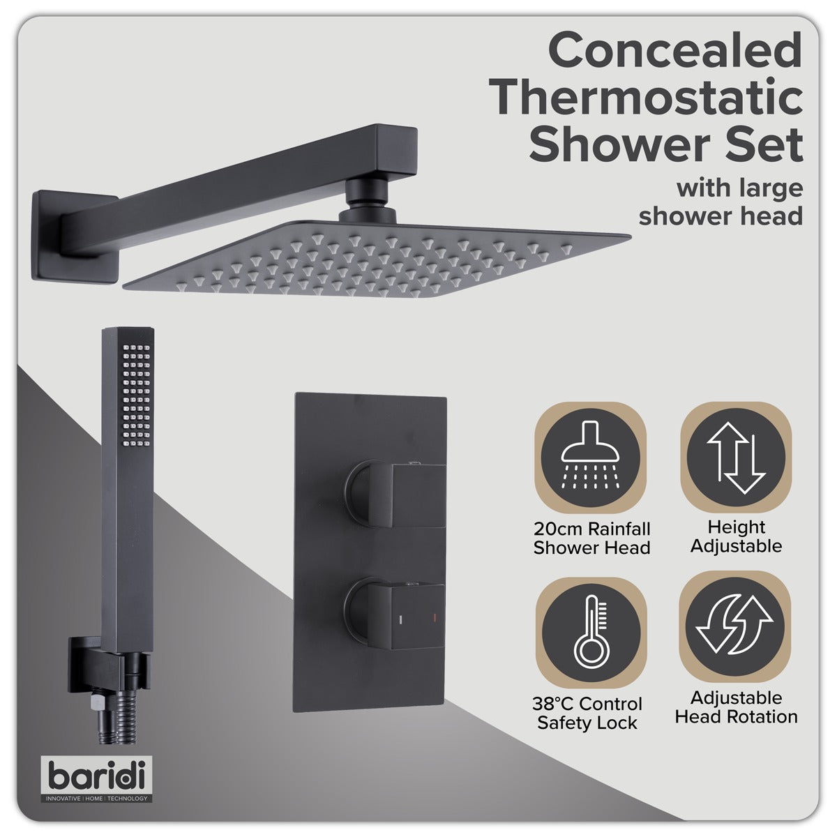 Baridi Concealed Thermostatic Shower Set 20 x 20cm Square Head & Hand Shower - Black DH321