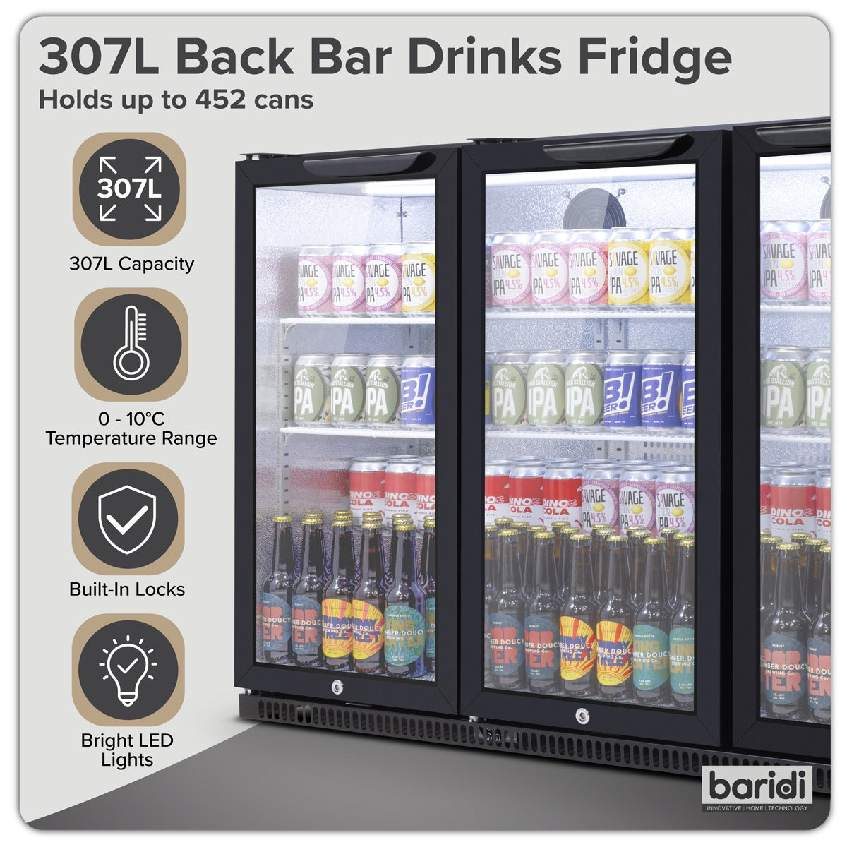 Baridi Hinged Triple Door, Back Bar Drinks Fridge/Cooler, 307L Capacity DH336