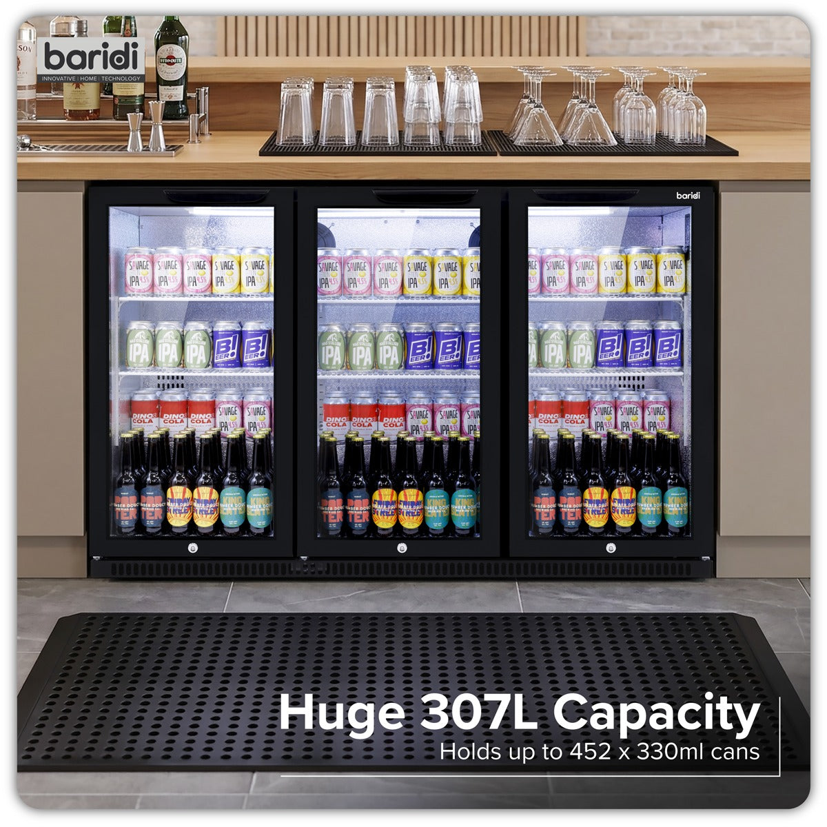 Baridi Hinged Triple Door, Back Bar Drinks Fridge/Cooler, 307L Capacity DH336