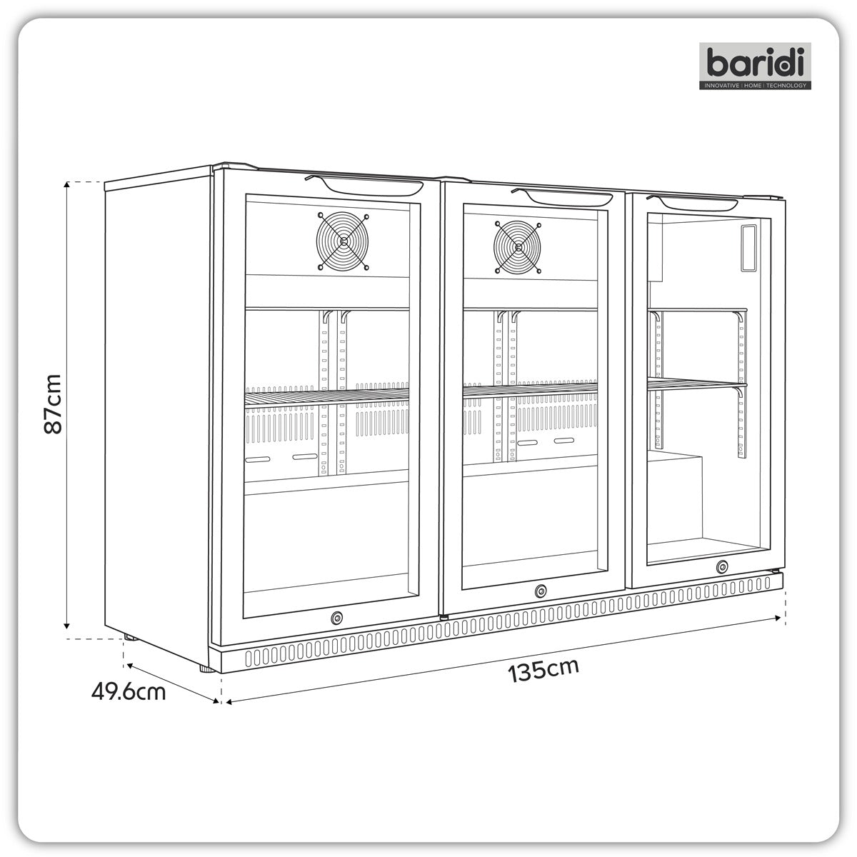 Baridi Hinged Triple Door, Back Bar Drinks Fridge/Cooler, 307L Capacity DH336