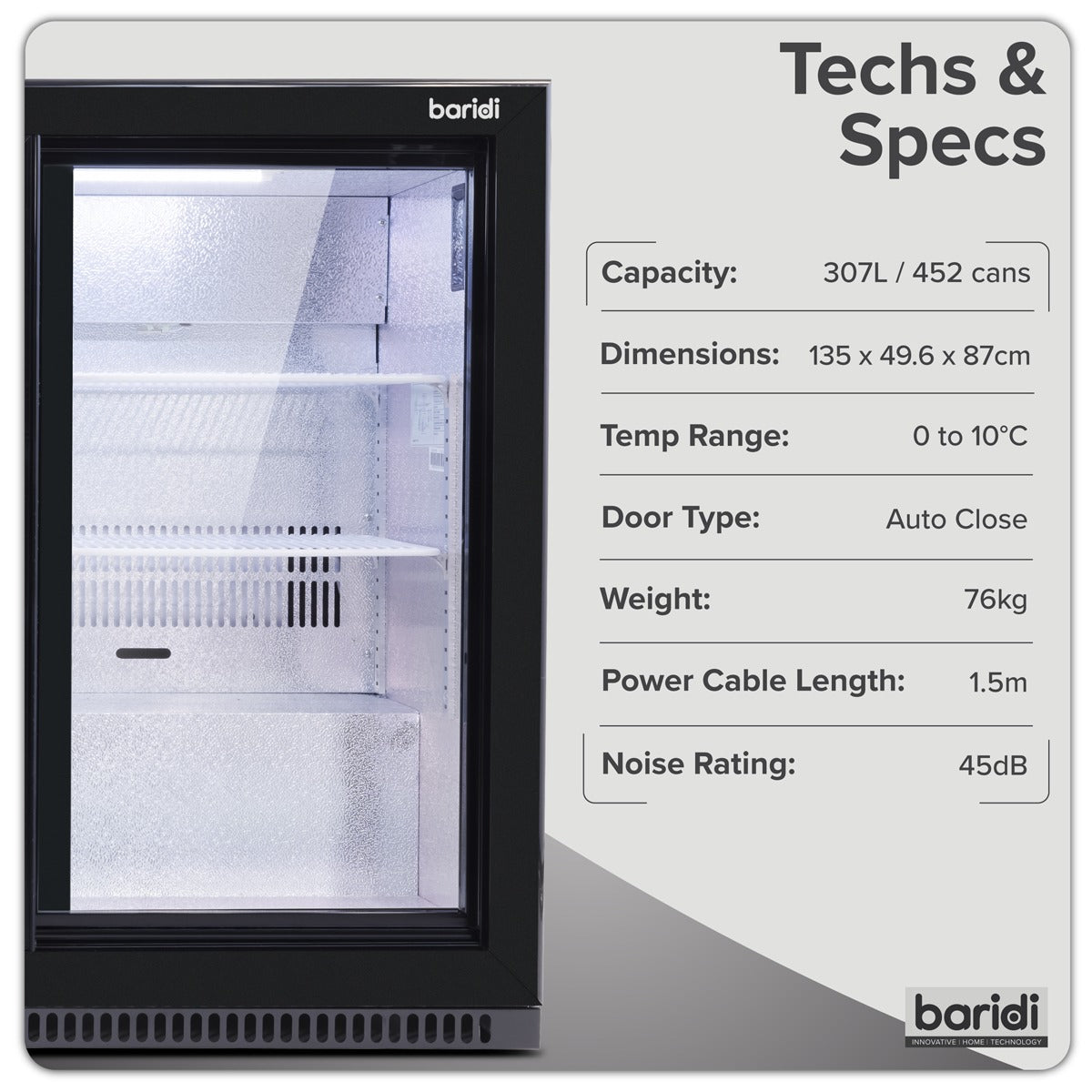 Baridi Sliding Triple Door, Back Bar Drinks Fridge/Cooler, 307L Capacity DH337