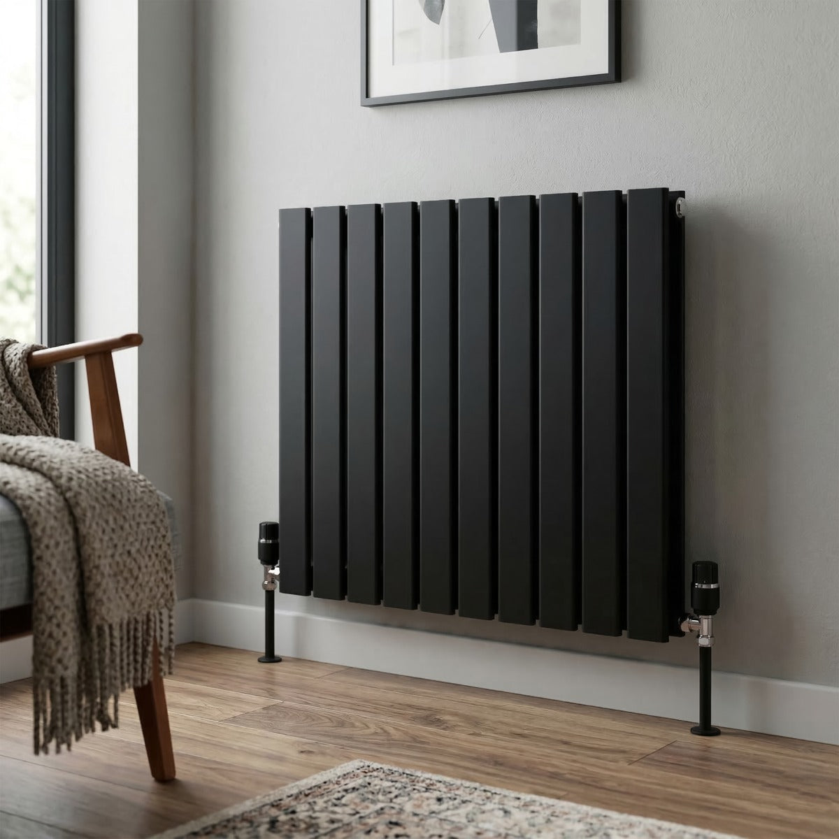Baridi Horizontal Radiator Contemporary Double Flat Panel Design 600 x 700mm – Black DH345
