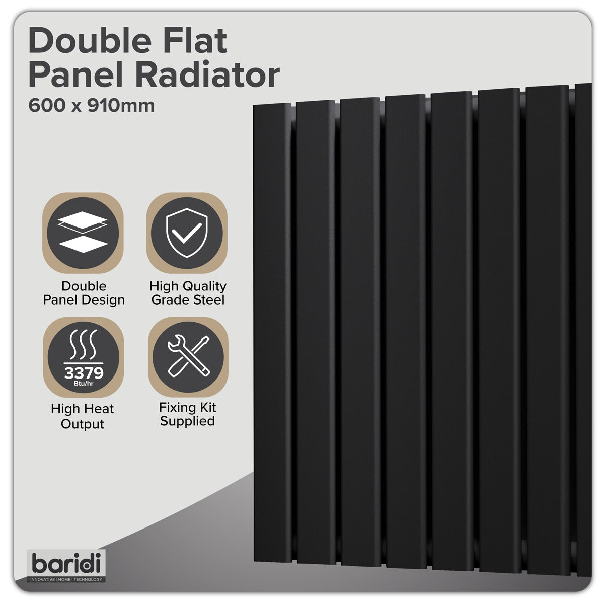Baridi Horizontal Radiator Contemporary Double Flat Panel Design 600 x 910mm – Black DH346
