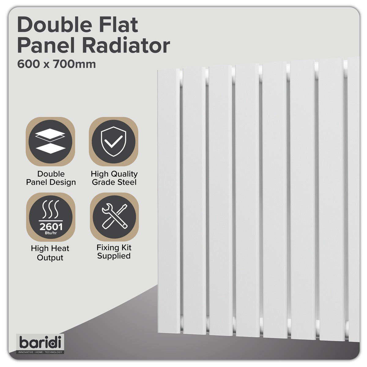 Baridi Horizontal Radiator Contemporary Double Flat Panel Design 600 x 700mm - White DH350