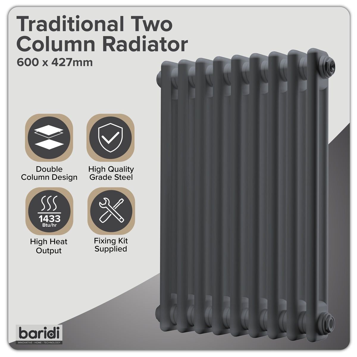 Baridi Horizontal Radiator Contemporary Double Flat Panel Design 600 x 1190mm – White DH352
