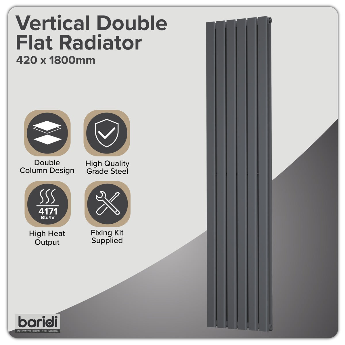Baridi Vertical Radiator Contemporary Double Flat Panel Design 420 x 1800mm – Anthracite DH353