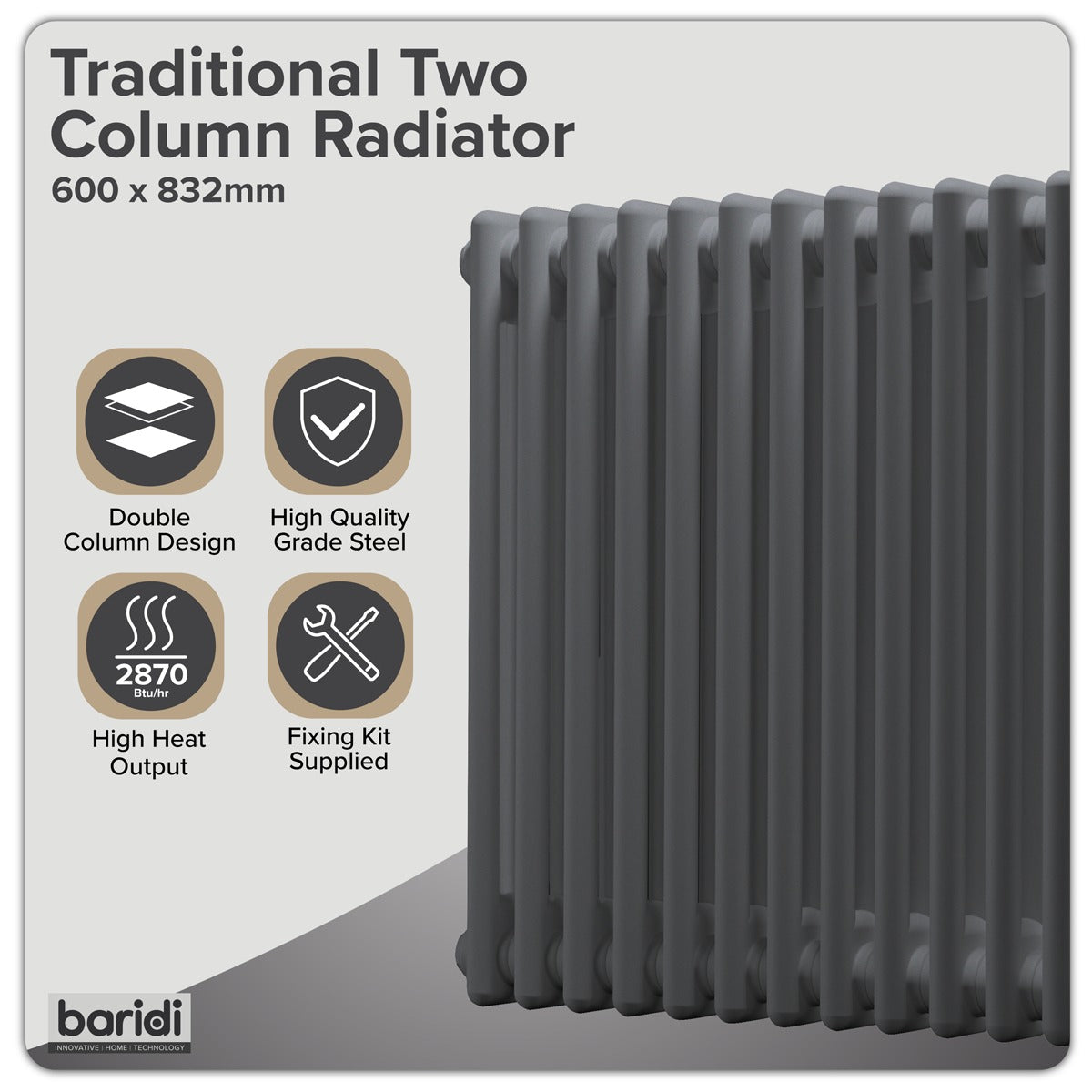 Baridi Horizontal Traditional 2 Column Radiator 600 x 832mm – Anthracite DH358