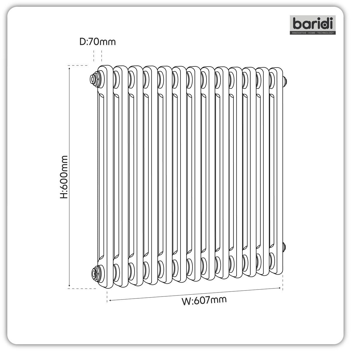 Baridi Horizontal Traditional 2 Column Radiator 600 x 607mm – Black DH362