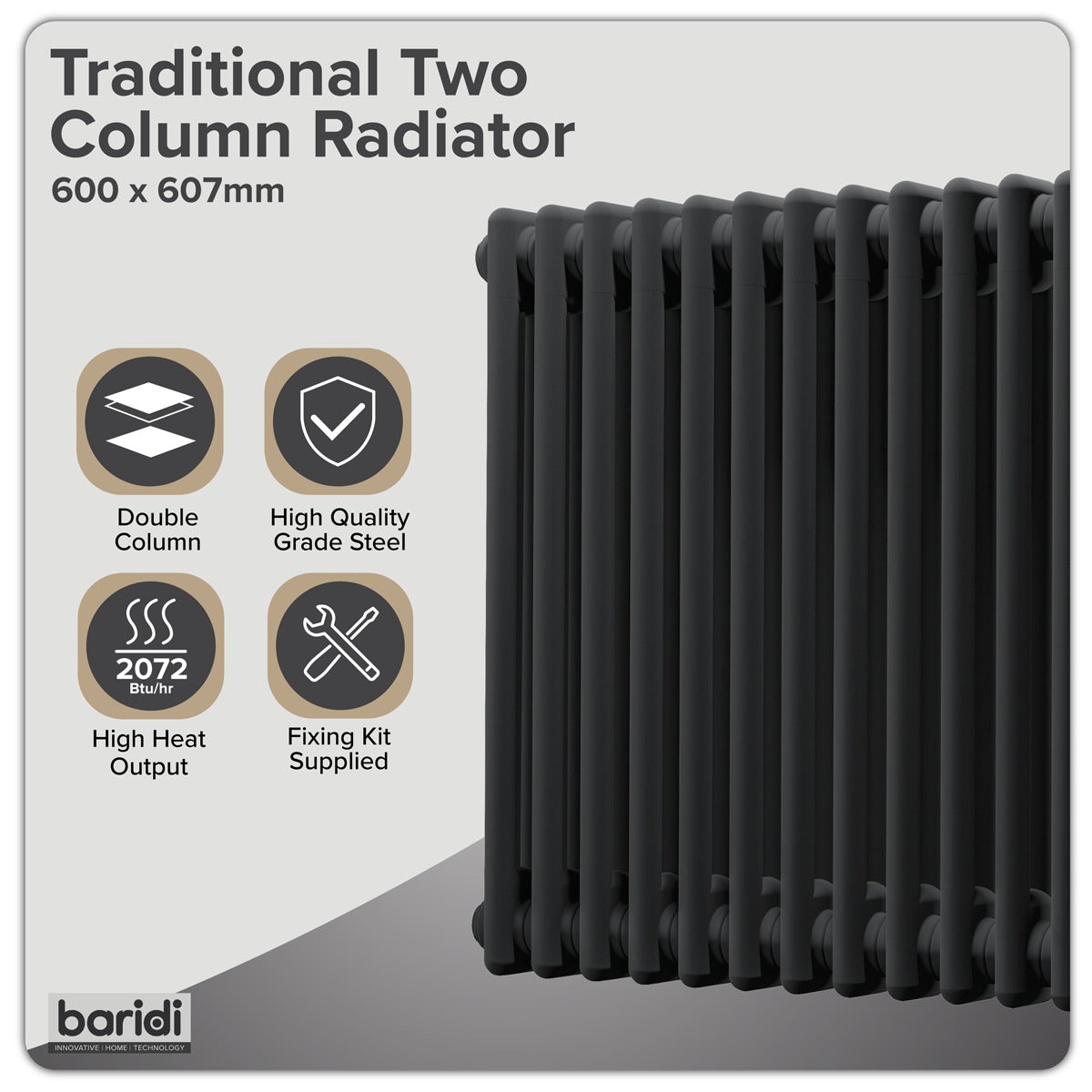 Baridi Horizontal Traditional 2 Column Radiator 600 x 607mm – Black DH362