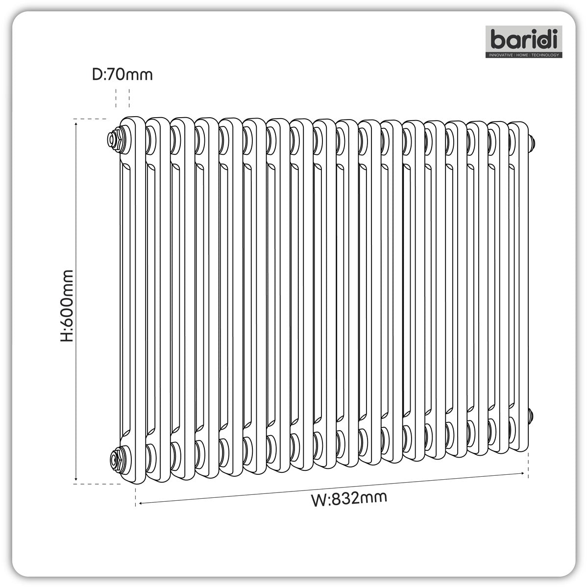 Baridi Horizontal Traditional 2 Column Radiator 600 x 832mm – Black DH363
