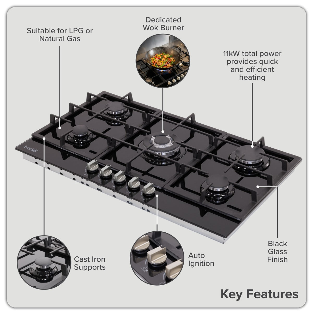Baridi 90cm Gas Hob Glass with 5 Burners, Cast Iron Supports & Auto Ignition 11kW DH383