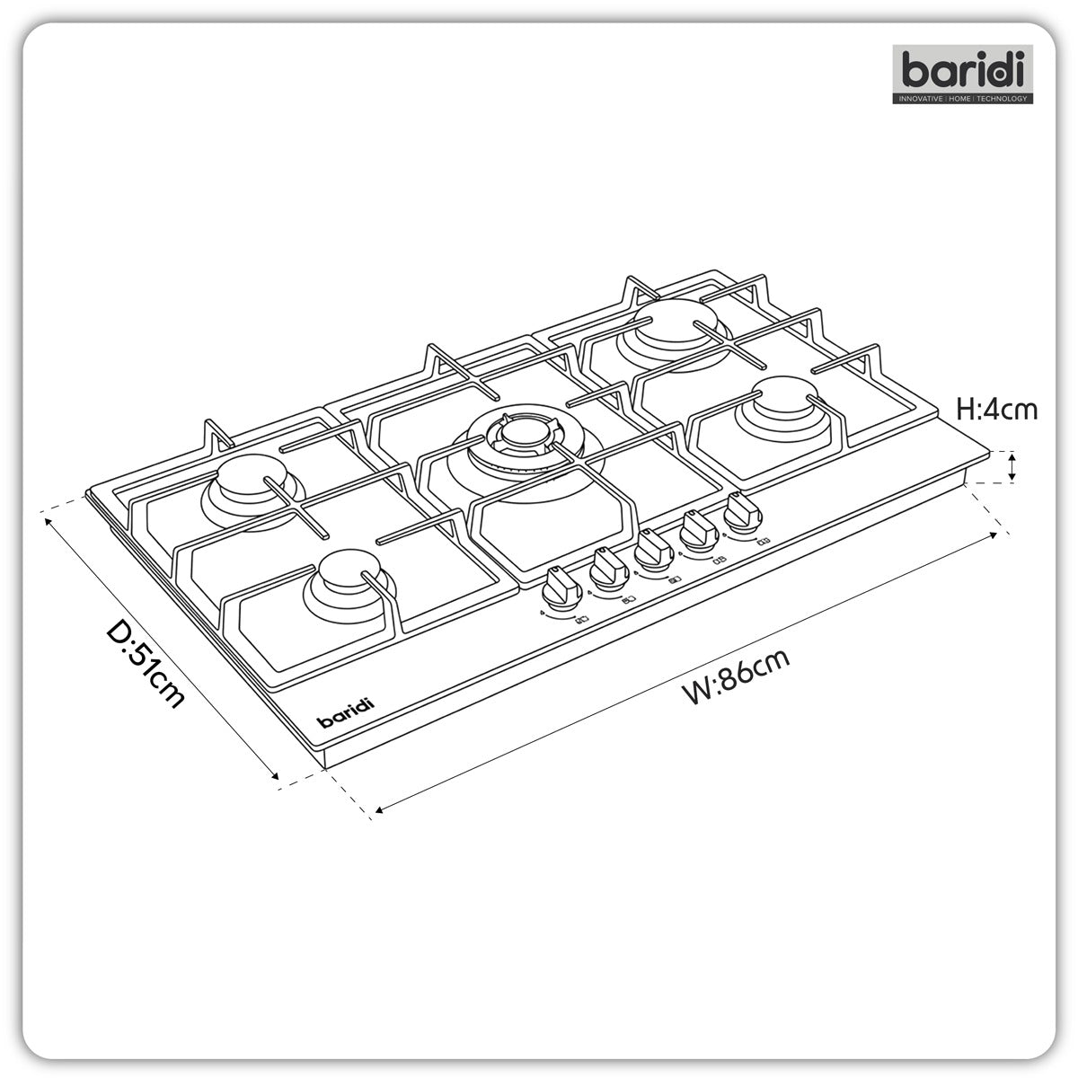 Baridi 90cm Gas Hob Glass with 5 Burners, Cast Iron Supports & Auto Ignition 11kW DH383