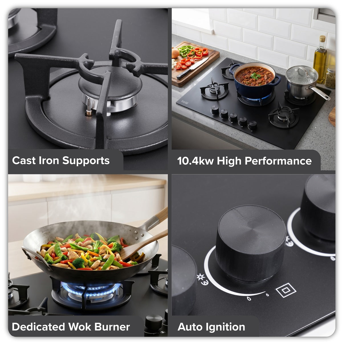 Baridi 70cm Gas Hob Matt Black Glass with 5 Burners, Cast Iron Supports & Auto Ignition 10.4kW DH384