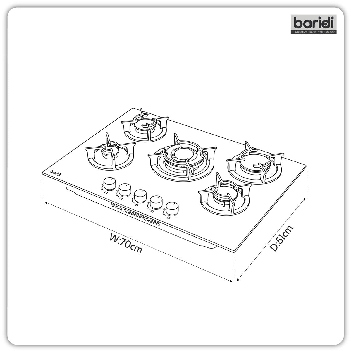 Baridi 70cm Gas Hob Matt Black Glass with 5 Burners, Cast Iron Supports & Auto Ignition 10.4kW DH384
