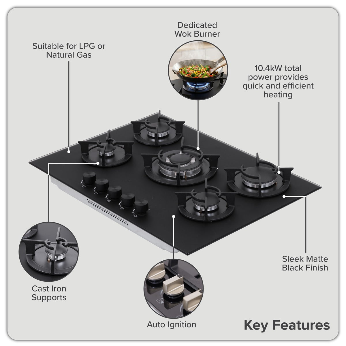 Baridi 70cm Gas Hob Matt Black Glass with 5 Burners, Cast Iron Supports & Auto Ignition 10.4kW DH384