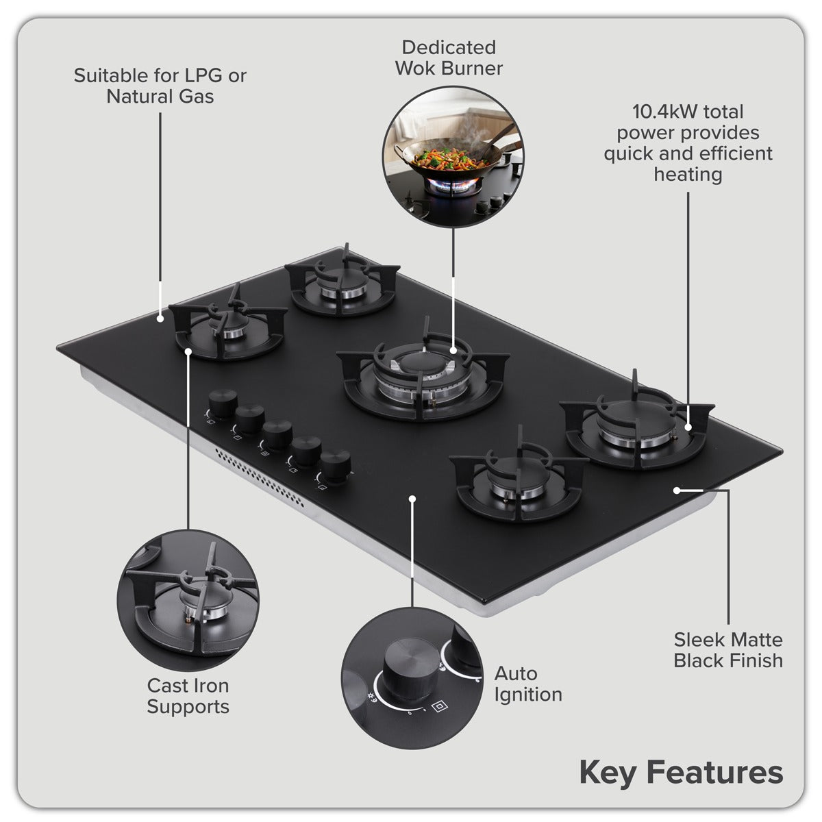 Baridi 90cm Gas Hob Matt Black Glass 5 Burners Cast Iron Supports & Auto Ignition 10.4kW DH385