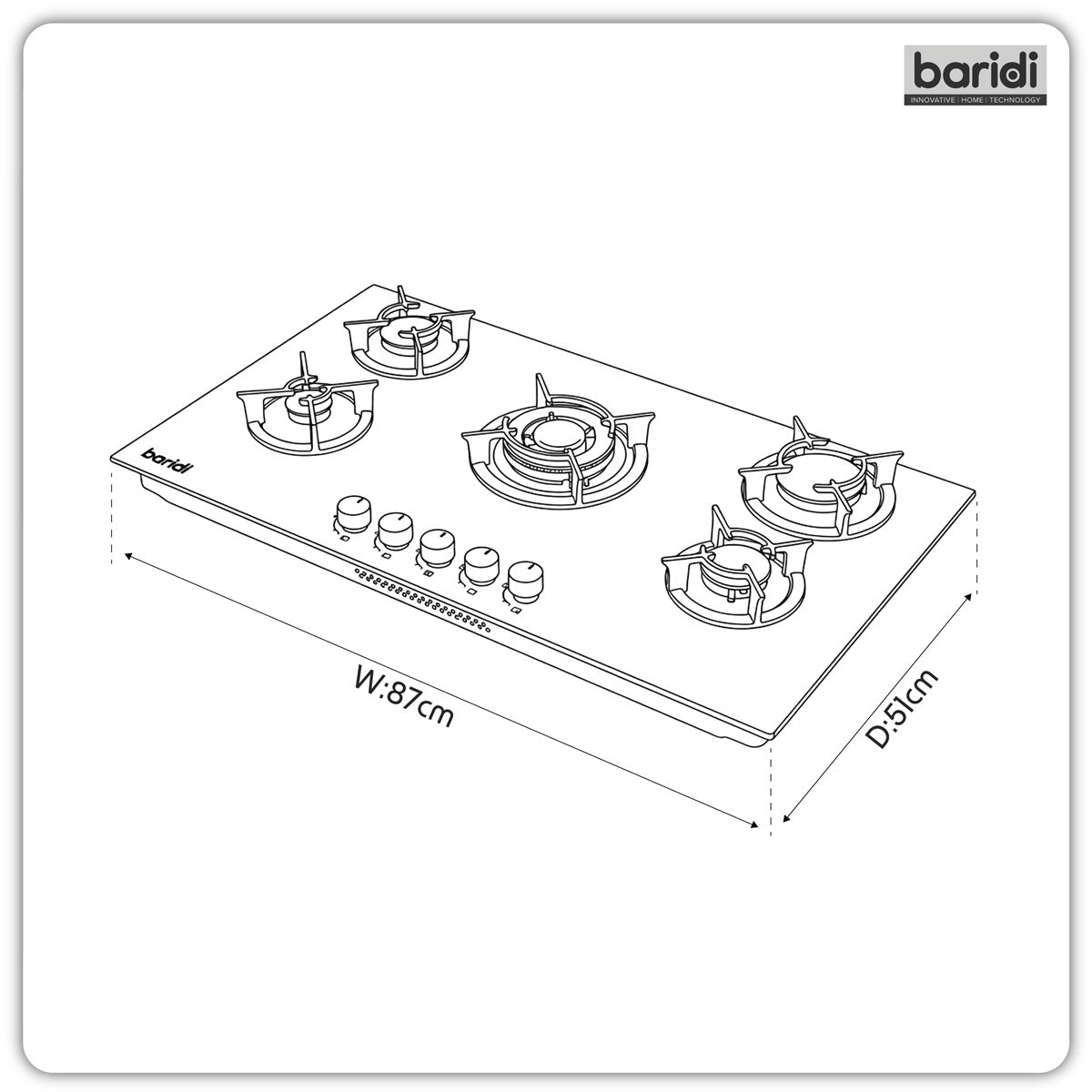 Baridi 90cm Gas Hob Matt Black Glass 5 Burners Cast Iron Supports & Auto Ignition 10.4kW DH385