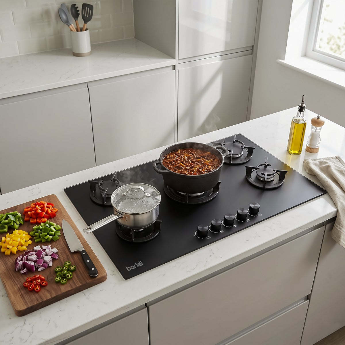 Baridi 90cm Gas Hob Matt Black Glass 5 Burners Cast Iron Supports & Auto Ignition 10.4kW DH385