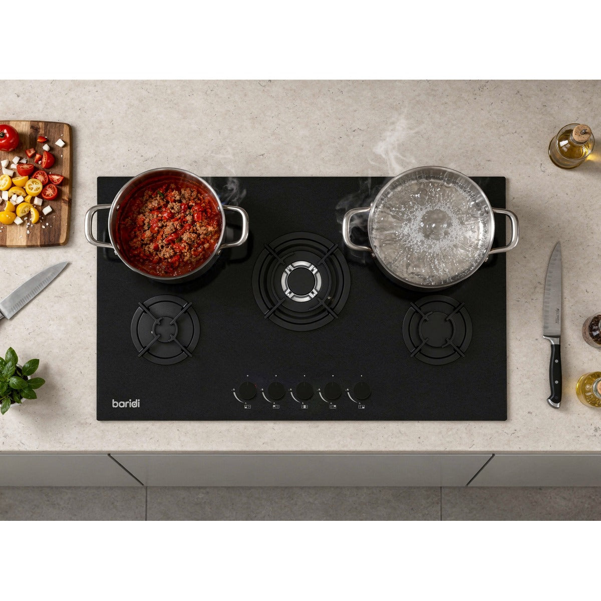 Baridi 90cm Gas Hob Matt Black Glass 5 Burners Cast Iron Supports & Auto Ignition 10.4kW DH385