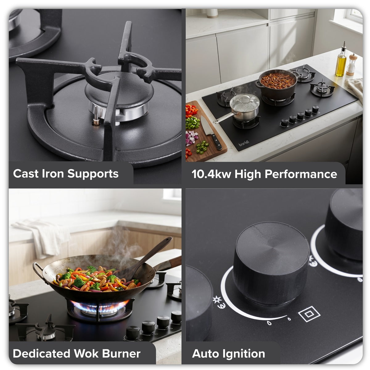 Baridi 90cm Gas Hob Matt Black Glass 5 Burners Cast Iron Supports & Auto Ignition 10.4kW DH385