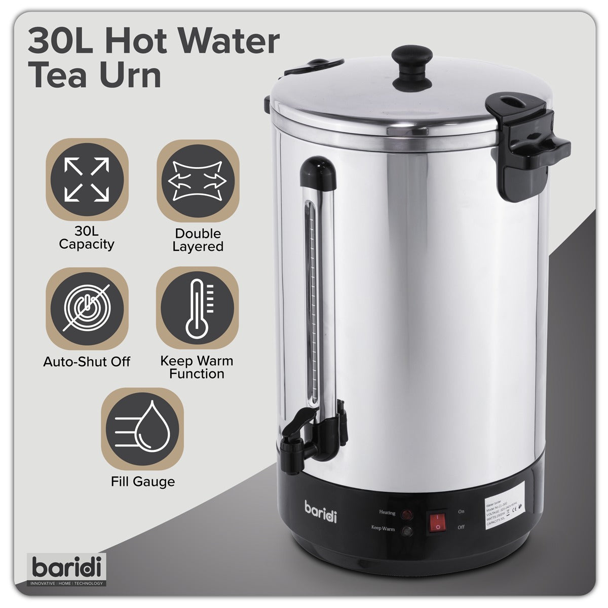 Baridi Hot Water Boiler, Tea Urn 30L Capacity - Stainless Steel DH388