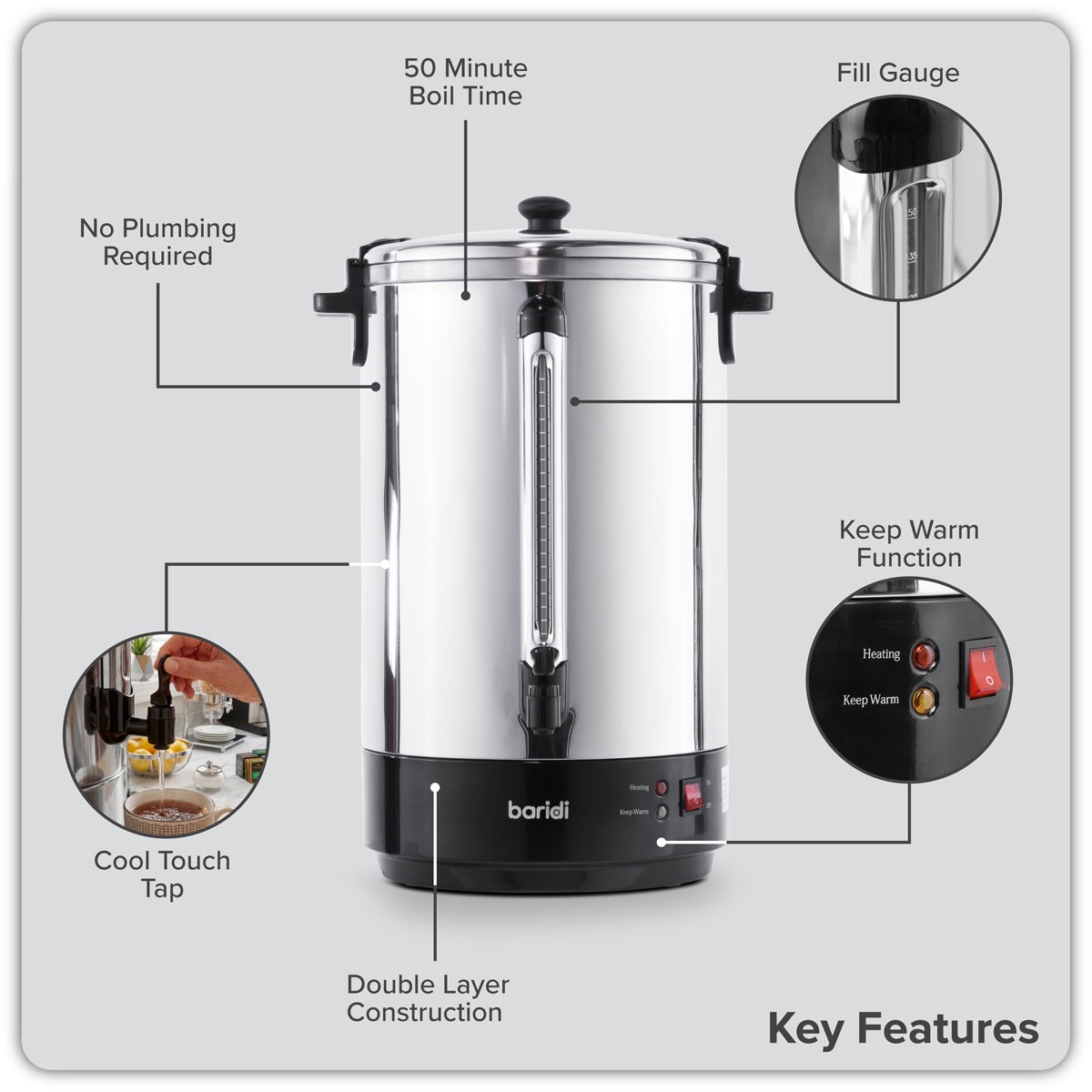 Baridi Hot Water Boiler, Tea Urn 30L Capacity - Stainless Steel DH388