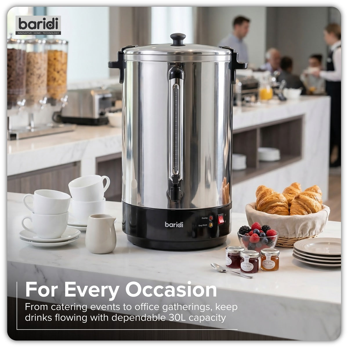 Baridi Hot Water Boiler, Tea Urn 30L Capacity - Stainless Steel DH388