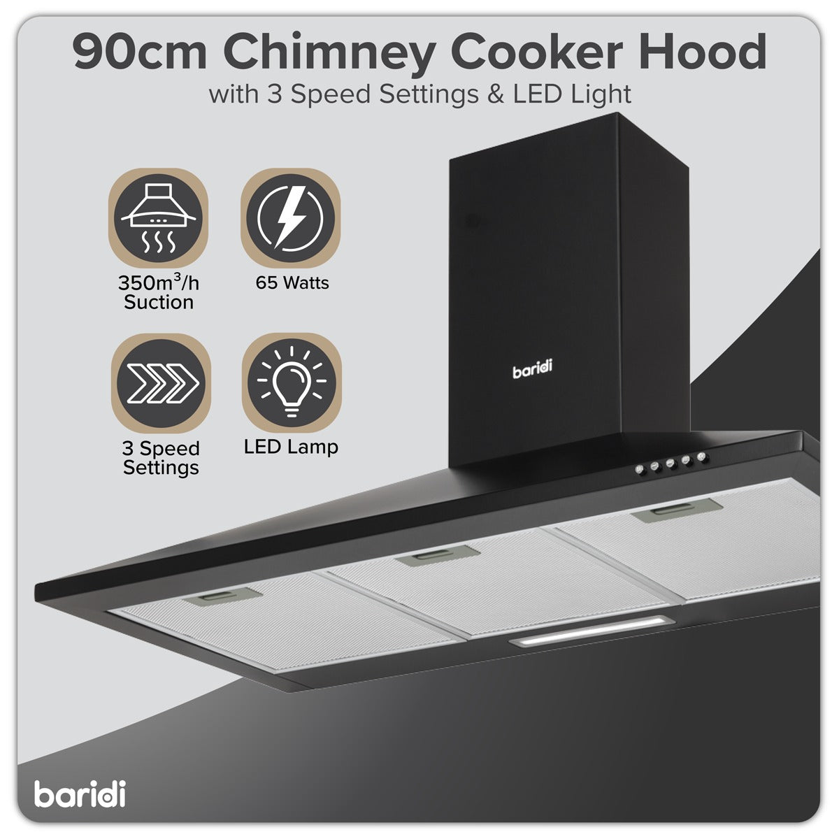 Baridi Cooker Hood, Chimney Style with Carbon Filters 90cm - Black DH59