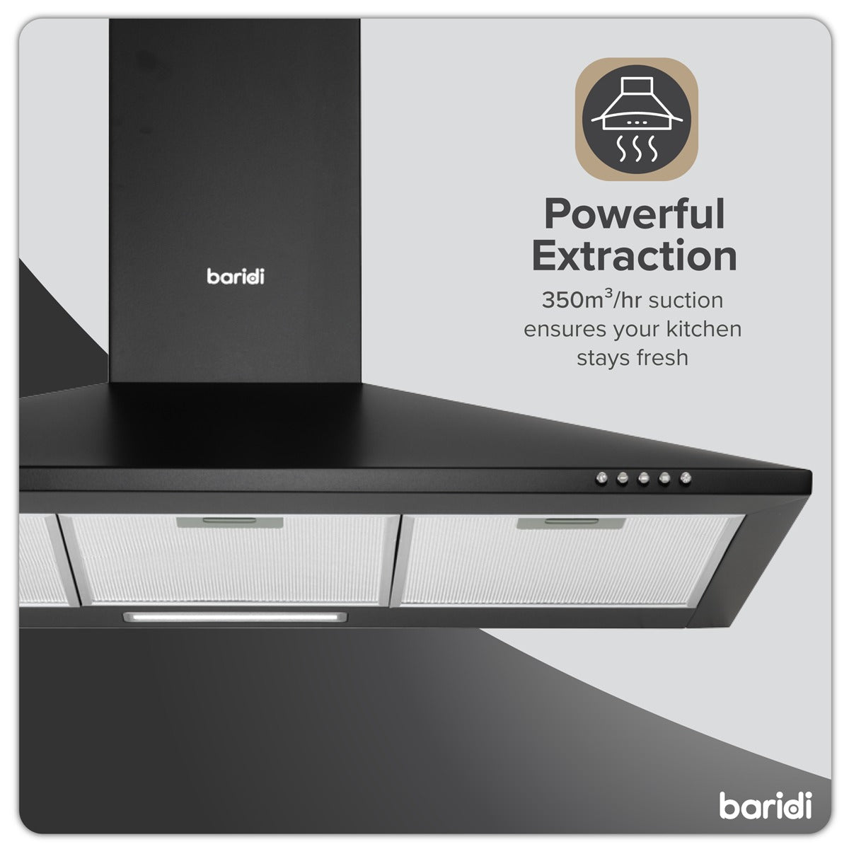 Baridi Cooker Hood, Chimney Style with Carbon Filters 90cm - Black DH59